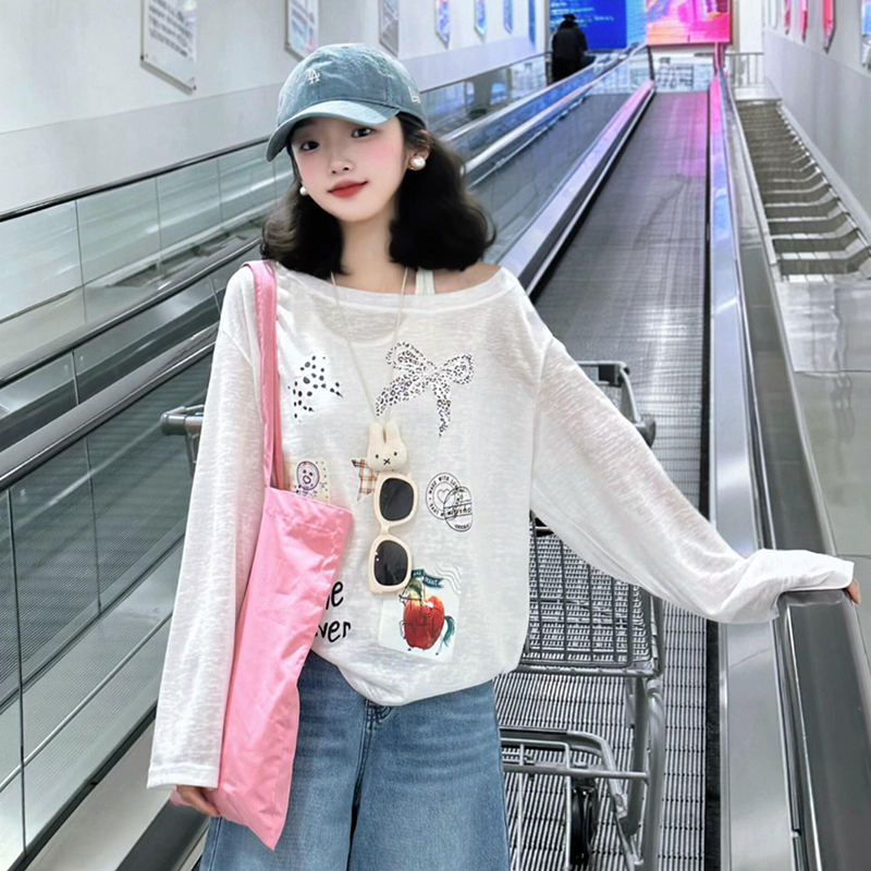 Rosee~ Korean-Style Niche Cartoon Off-Shoulder Sun Protection Blouse Long-Sleeve T-Shirt for Women, Summer Thin Semi-Sheer Lazy Style Top
