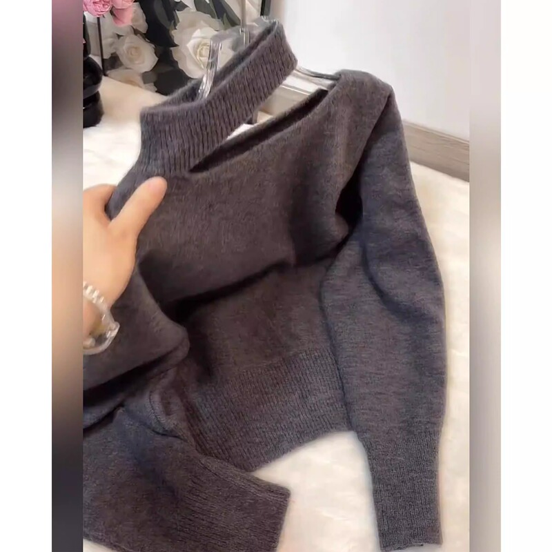 Designed with a Sense of Style, the Halter-Neck, Off-Shoulder Knit Sweater for Women Is a New Spring and Autumn Model in Gray, Slimming, Versatile, and Elegant