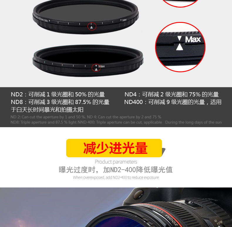Yuanhang ND2-400 chống bó cứng có thể điều chỉnh gương bằng kính hiển vi ánh sáng NĐ bộ lọc ND ống kính máy ảnh SLR chấp nhận Sony Canon Nikon - Phụ kiện máy ảnh DSLR / đơn chân nhện máy ảnh