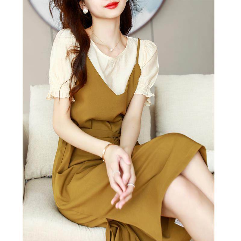 Light luxury women's clothing, niche and fashionable atmosphere, elegant temperament, high-waisted lace-up fake two-piece mid-length A-line thin section