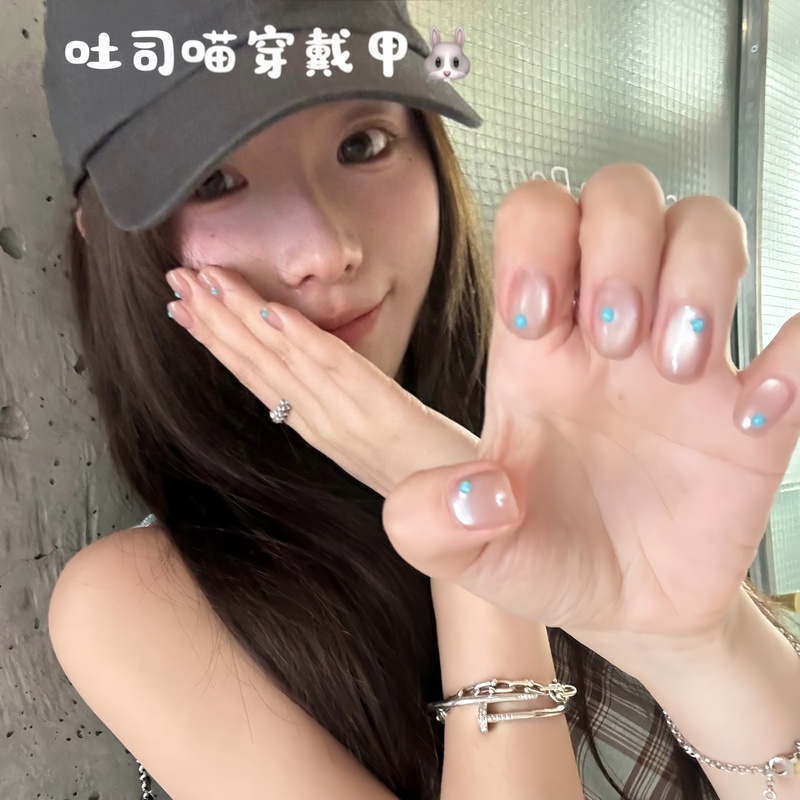 Handmade Manicure, Short Style Wearable Nails, 2026 New Korean Style, ins Style, Brightening Cat Eye, Mint Blue Polka Dot Nails Handmade Manicure, Short Style Wearable Nails, 2026 New Korean Style, ins Style, Brightening Cat Eye, Mint Blue Polka Dot Nails