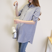 Striped Career Maternity Shirt Long Spring and Autumn Shirt Bottom Top 2021 New Autumn Maternity