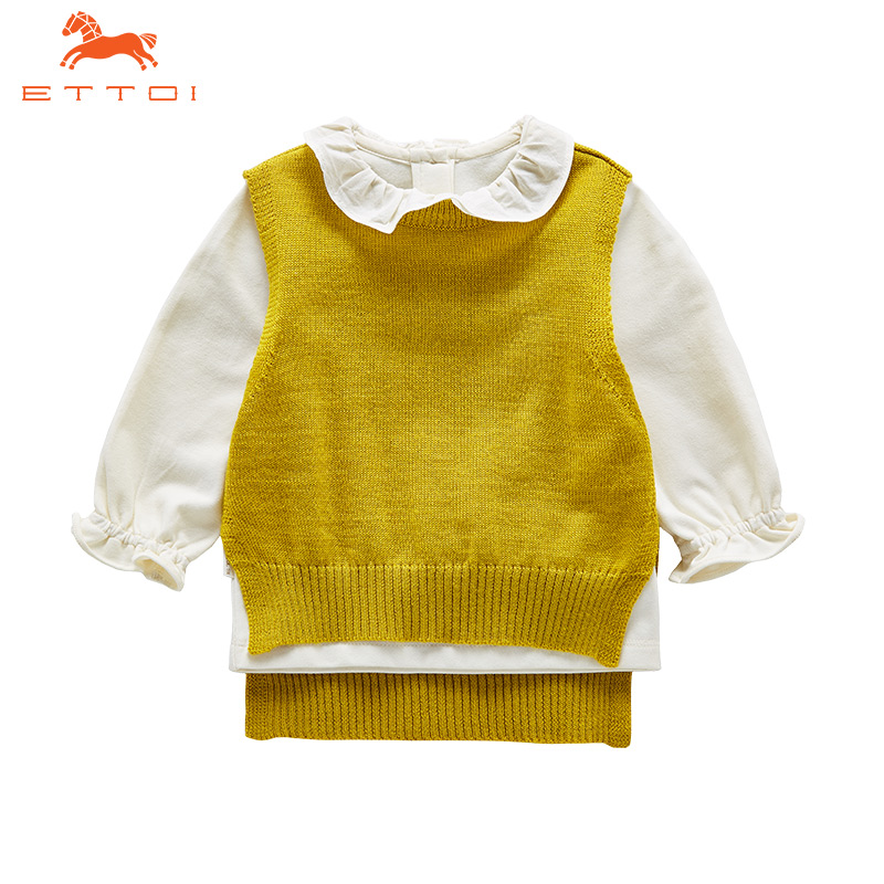 Ổn định Doll Collar ETTOI Hàn Quốc nhỏ Pegasus mùa thu ăn mặc Girl dài tay áo T-Shirt Cừu tóc Set.