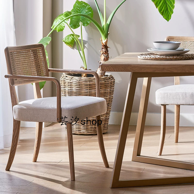 Nordic solid wood dining chair home B&B simple creative design ash armrest complete adult backrest rattan chair