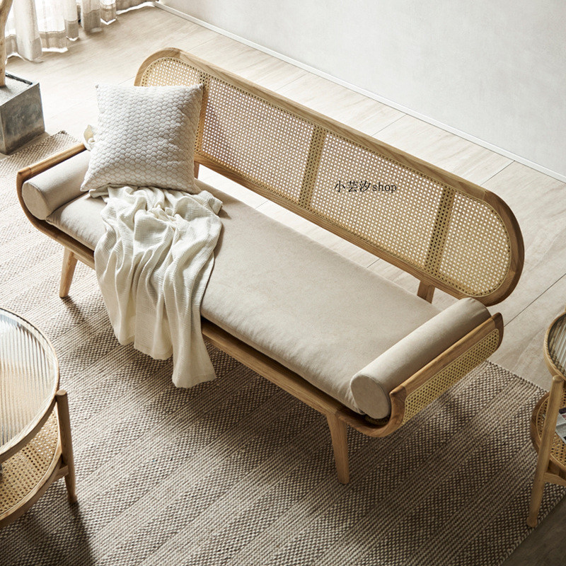 Japanese-style solid wood rattan sofa chair homestay living room double chair rattan sofa combination rattan chair balcony single three chair