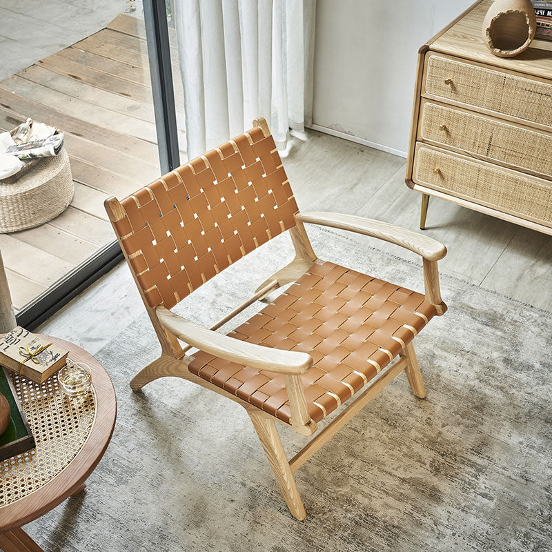 Nordic Balcony Solid Wood Saddle Leather Woven Sofa Chair Home Folkleback Simple Backrest Single Deck Chair