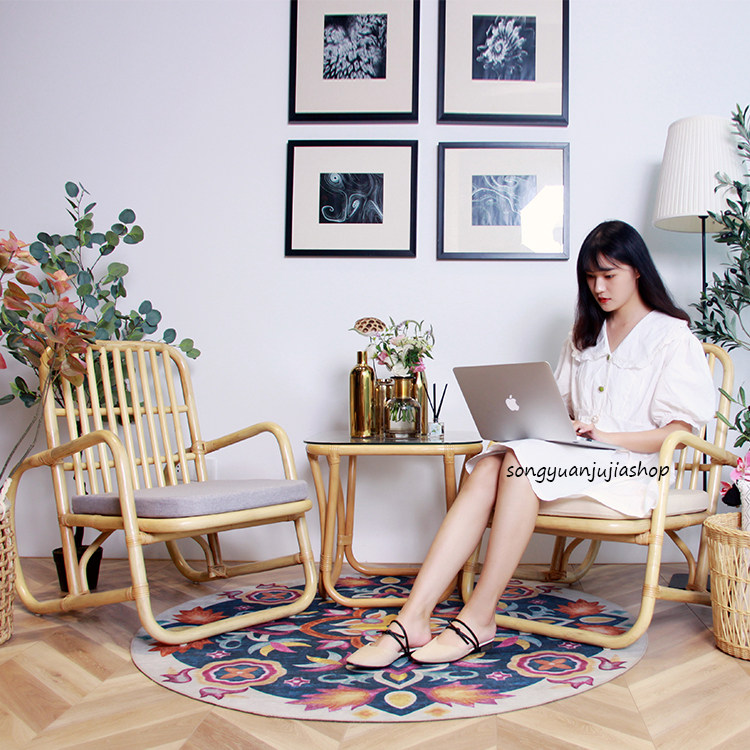 Ins homestay balcony three-piece set of real rattan rattan back chair coffee table table and chair combination home Japanese leisure rattan chair