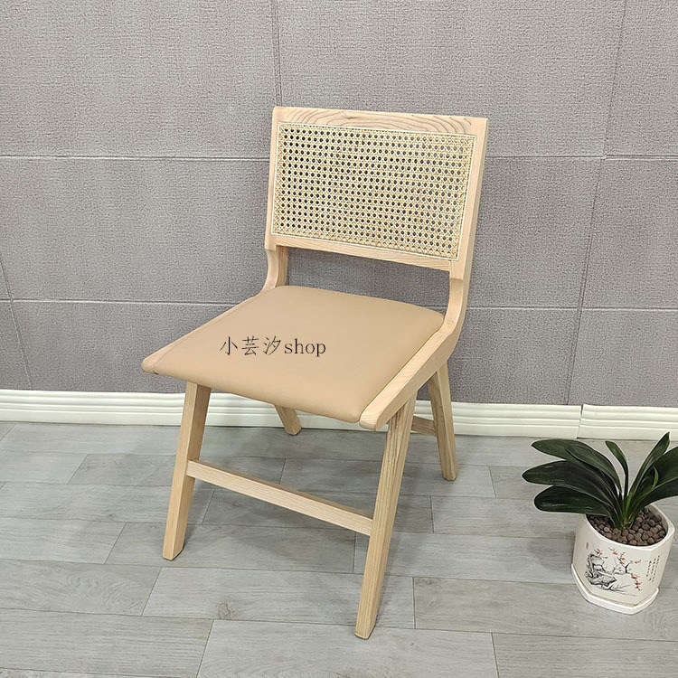 ins solid wood rattan chair coffee shop home adult simple single retro design leather cushion back chair