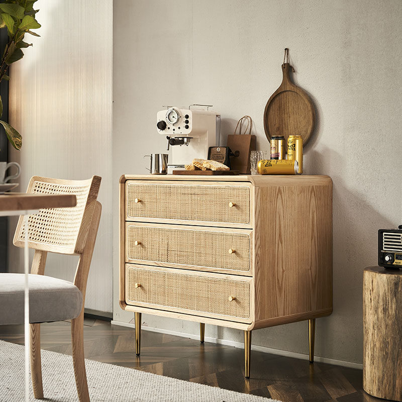 Japanese-style solid wood rattan three-drawer cabinet home B&B simple ash modern refurbishment retro multi-functional storage cabinet