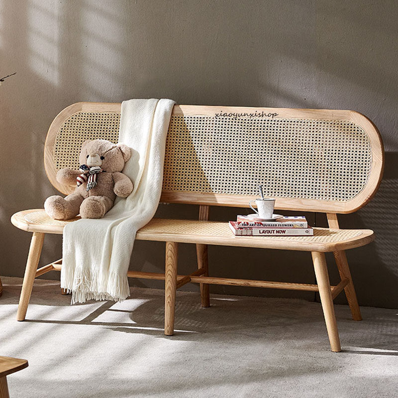 Japanese-style rattan sofa chair art solid wood rattan chair homestay living room balcony simple three-person retro leisure chair