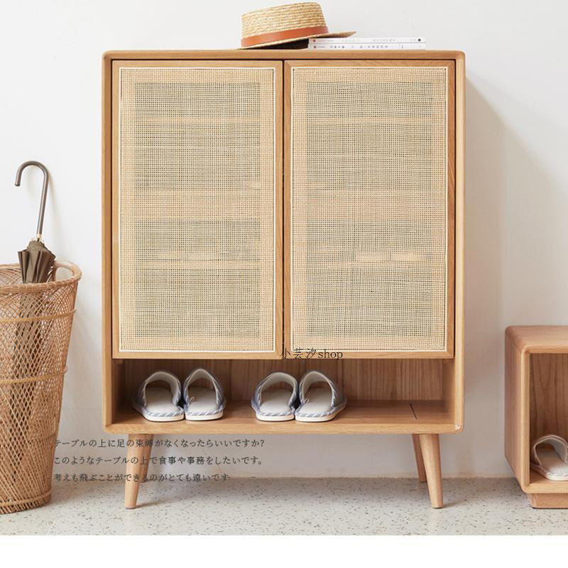 Nordic solid wood rattan shoe cabinet home B&B on the door entrance cabinet light luxury style simple rattan breathable storage cabinet