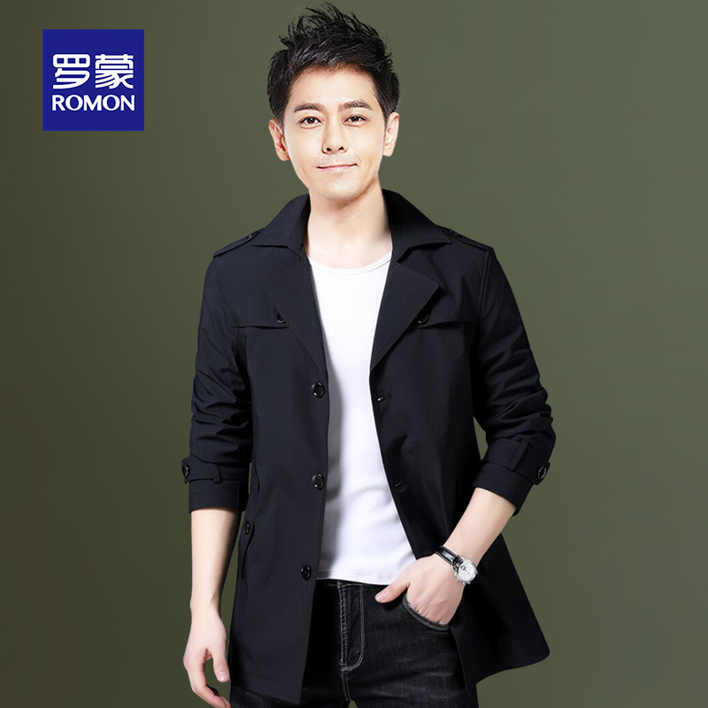 Romon official trench coat men 2021 spring and autumn new Korean version trend handsome coat jacket casual men's coat black