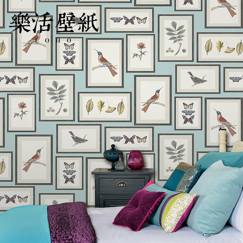 Nordic pastoral flowers, birds and butterflies frame wallpaper Modern simple bedroom living room entrance American wallpaper Home