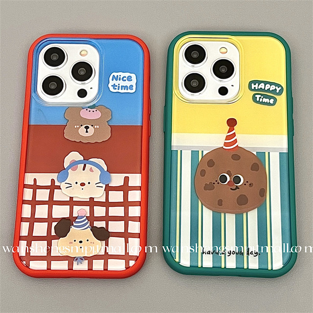 Playful two-in-one plaid small animal cookies iphone15promax apple 14 mobile case 11 new 15pro female 12 cute 13pm acrylic silicone couple anti-fall set