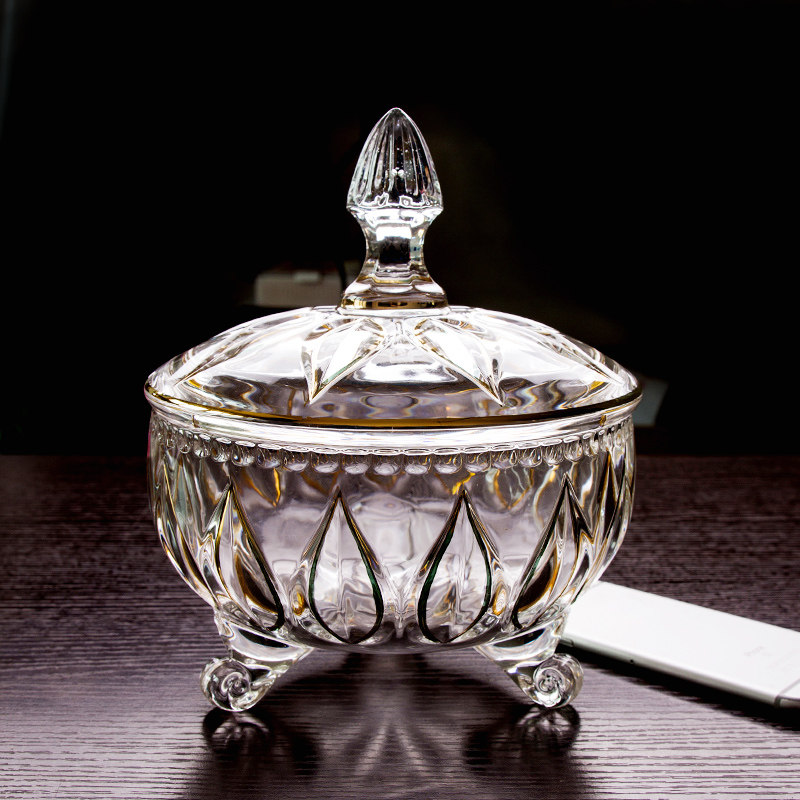 Crystal glass with lid fruit tray Carved Golden Fruits Pan Dried Fruit Pan Fruits Pan Fruit Tray With Lid High Foot