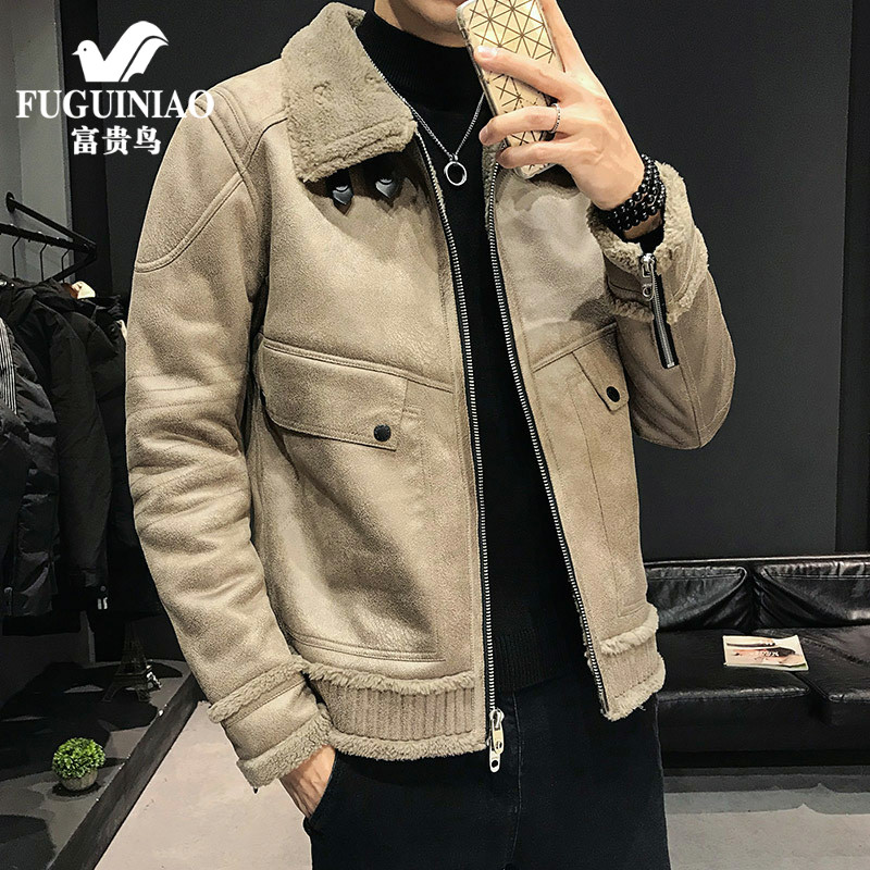 Wealthy bird lamb jacket male winter 2021 new men's leather clothes plus thicker jacket short pie overcome