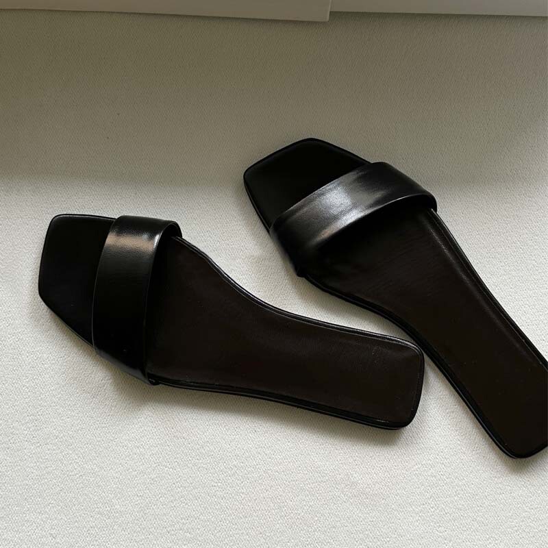 26 Summer New Style Square-Toe Flat Sandals for Women, Black Versatile Slip-On Beach Casual Genuine Leather Open-Toe Sandals