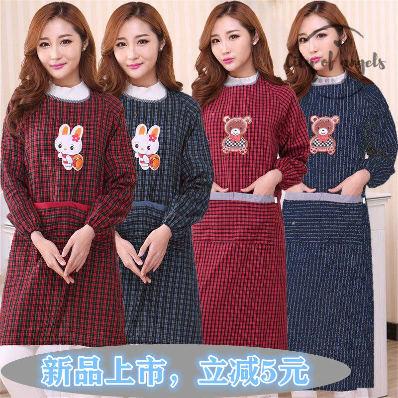 Fashion Household Long Sleeve Cotton Kitchen Apron Adults Cute Sleeve Overcoat Ladies Anti Pollution Overalls Reverse Dressing