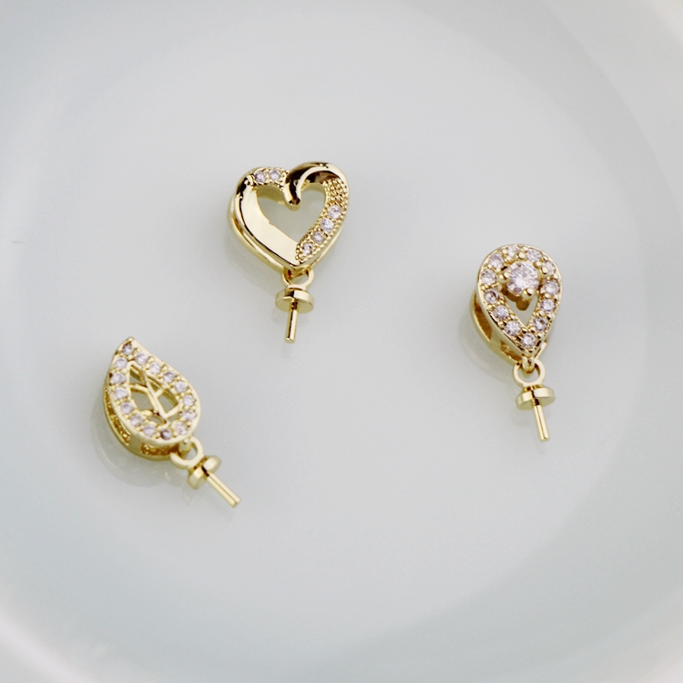 14K bag gold hollow hollow zircon caring water droplet leaves diy half - hole pearl pendant accessories