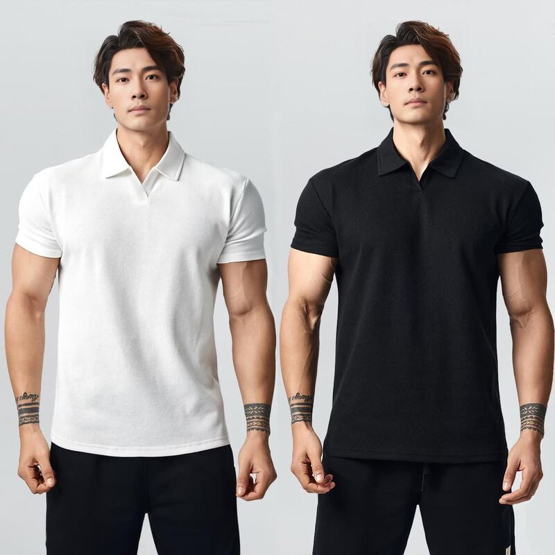 Combed Cotton Summer Men's Polo Shirt with Cuffed Sleeves, Sports Short-Sleeved T-Shirt, Sweat-Absorbent, Breathable, Elastic Fitness Training Clothes