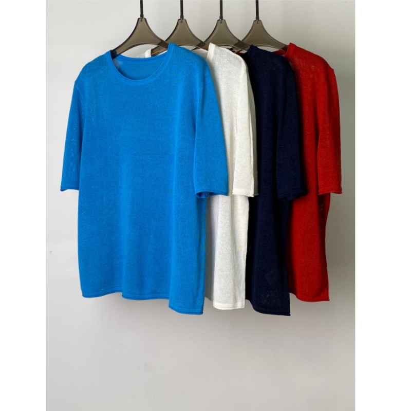 Shenzhen Yipin 2026 Summer New Minimalist Loose-Fit Knitted Short-Sleeve Cover-Up Sunscreen Shirt with One Stripe on the Back and Paper Yarn Fabric Shenzhen Yipin 2026 Summer New Minimalist Loose-Fit Knitted Short-Sleeve Cover-Up Sunscreen Shirt with One Stripe on the Back and Paper Yarn Fabric