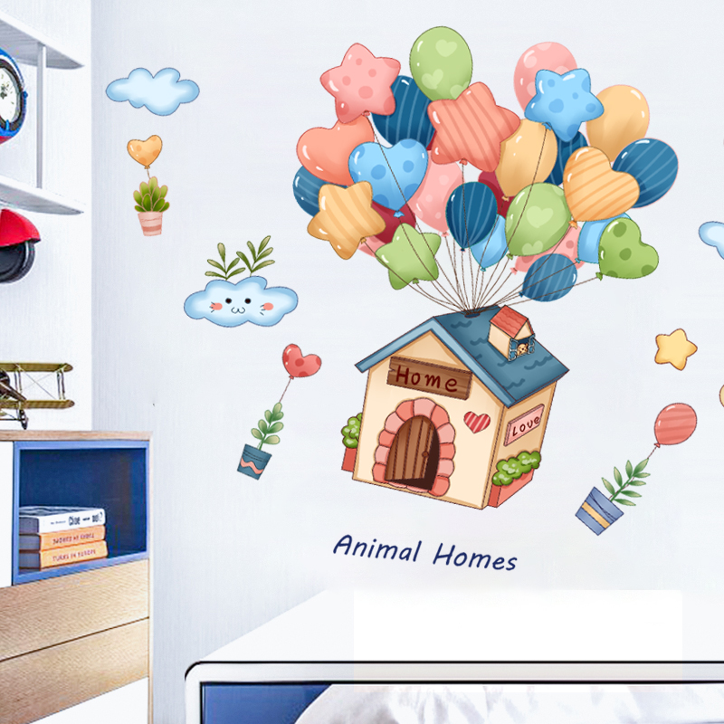 Cartoon balloon house wall stickers Cute children's room wall decoration stickers Bedroom study decoration wallpaper stickers