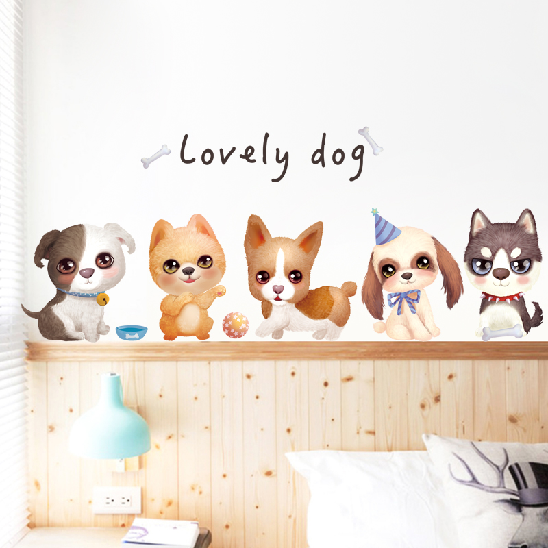 Cute puppy wall decoration stickers bedroom room bedside warm creative wall wall stickers self-adhesive wallpaper stickers