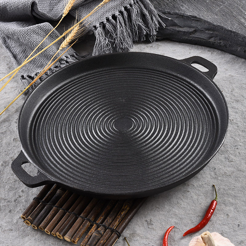 Hirolang large cast iron flat bottom pot thickened striped raw iron frying pancake pan Home non-stick without coating frying pan 40cm