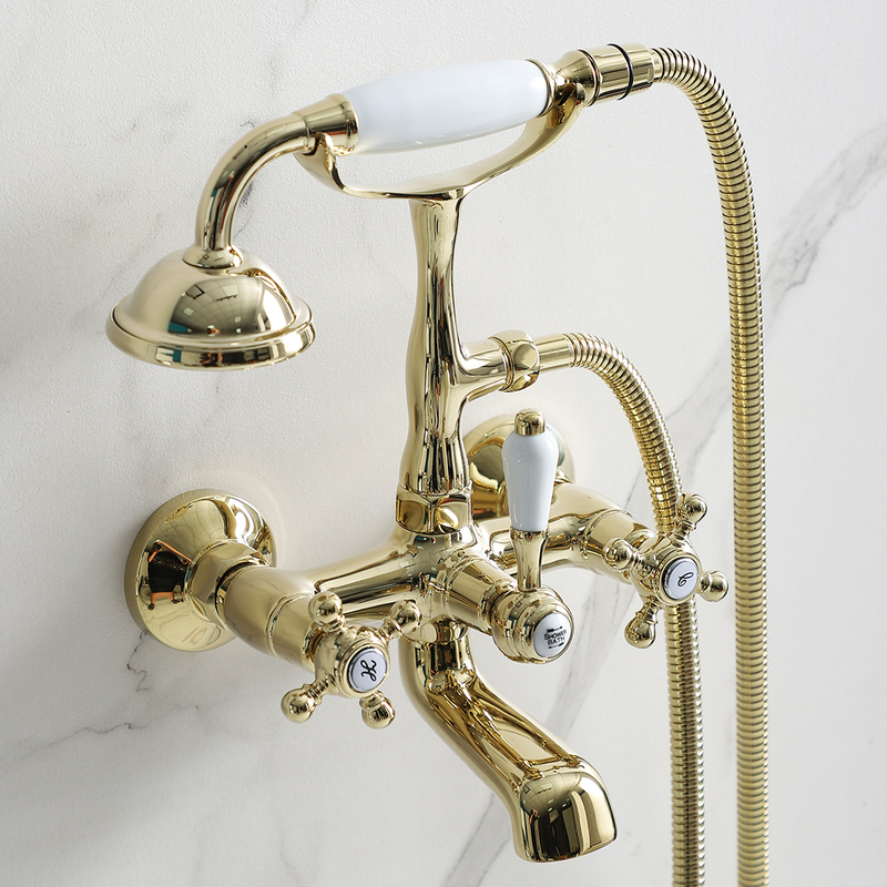 Beautiful Vintage European-Style Bathtub Faucet with Elevated Base, Zirconium Gold Ceramic Handle, Handheld Shower