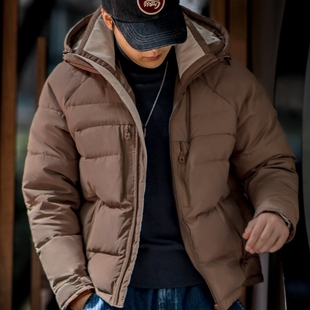 马登咖色机能工装连帽羽绒服