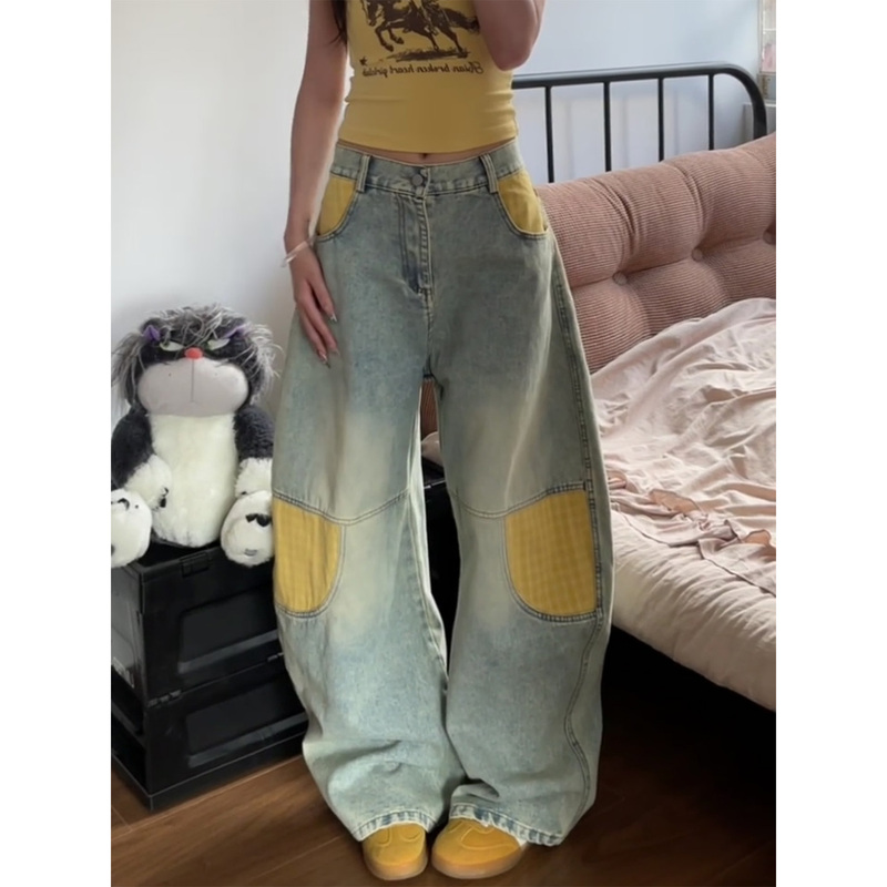 American Retro Patchwork Scimitar Jeans for Women, New Summer Style, Loose Design, Washed and Distressed Wide-Leg Pants, Trendy