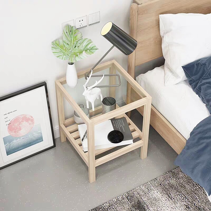 Solid wood bedside table side table modern minimalist sofa side cabinet living room tea table bedroom creative Japanese glass shelf