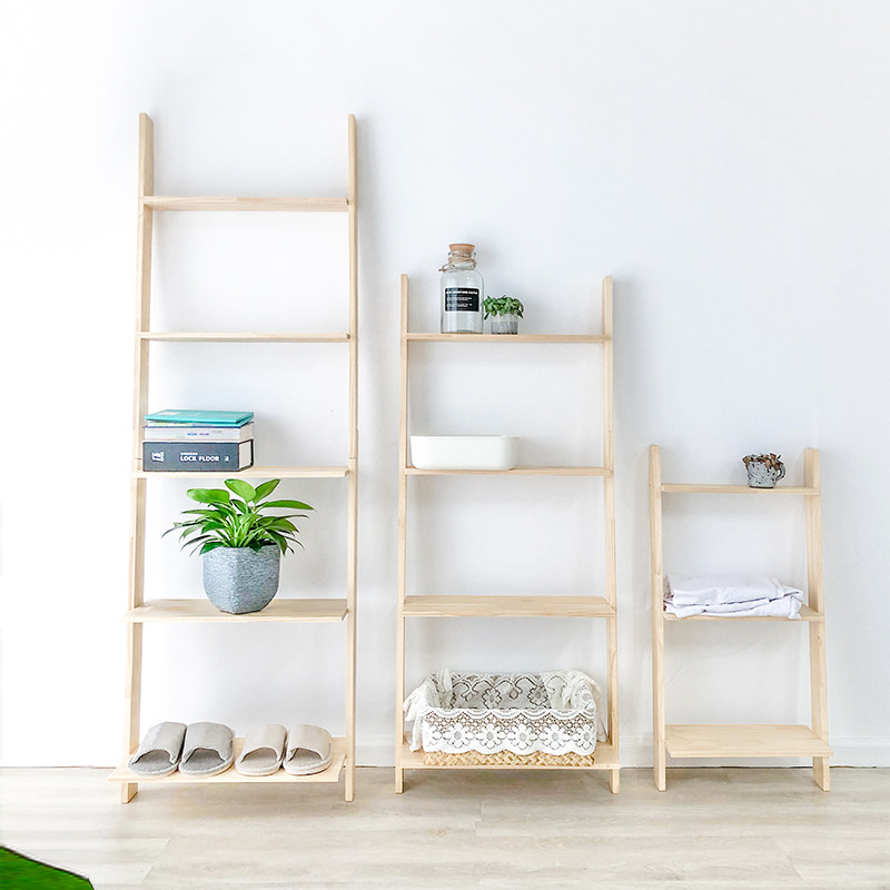 Ins solid wood shelf bookshelf flower shelf floor simple wall living room bedroom bookcase trapezoidal finishing rack Japanese