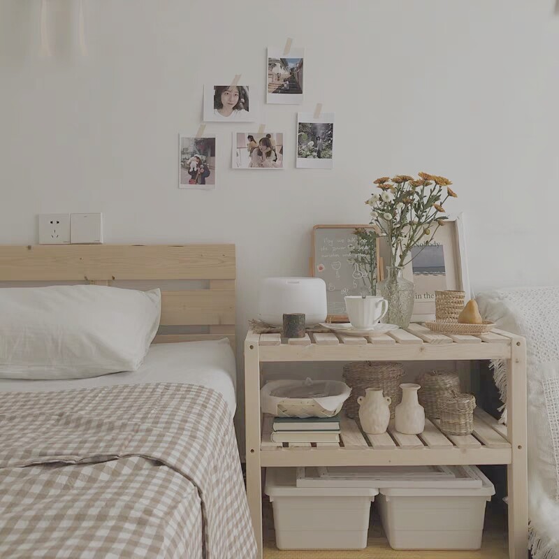 Bedside tables ins Nordic Japanese bedroom bedside tables net red solid wood rental bedroom remodeled rib rack shelf