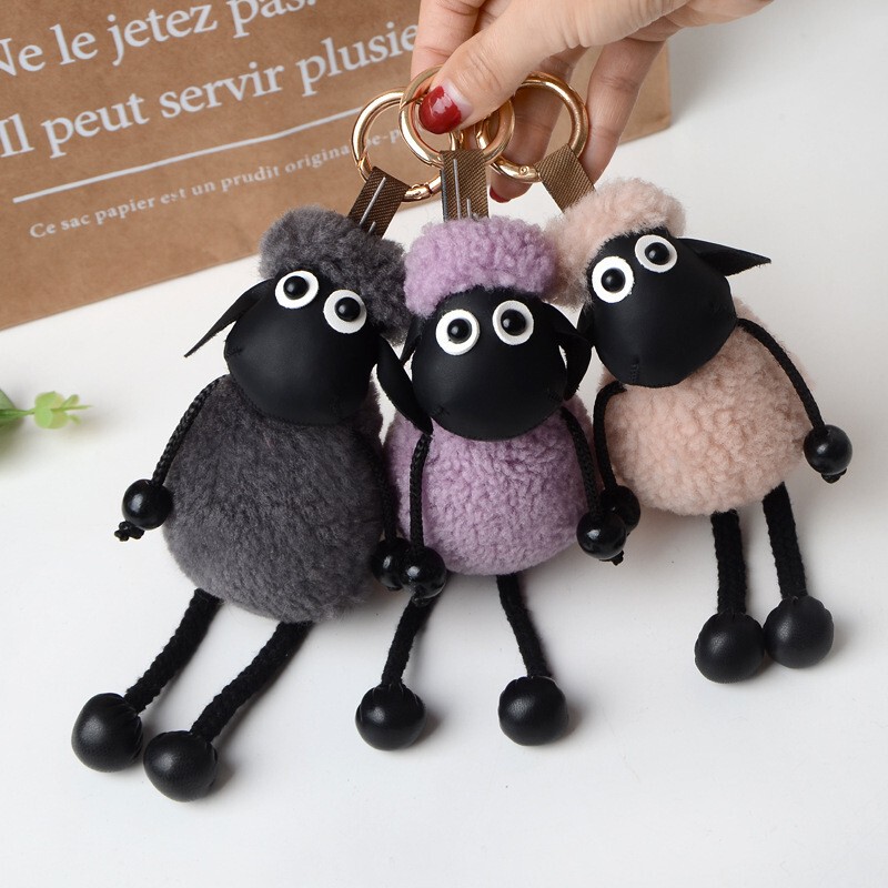 Cute Cartoon Plush Toy Real Wool Shaun the Sheep Car Keychain Backpack Pendant Girl Gift