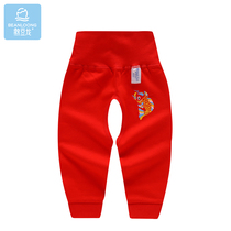 Bean dragon baby red belly pants cotton high waist belly pants for men and women can open autumn and winter leggings