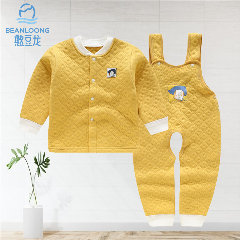 Bean dragon baby warm baby bag pants autumn and winter shop cotton suit baby two-piece set thick cotton autumn shoulder strap set
