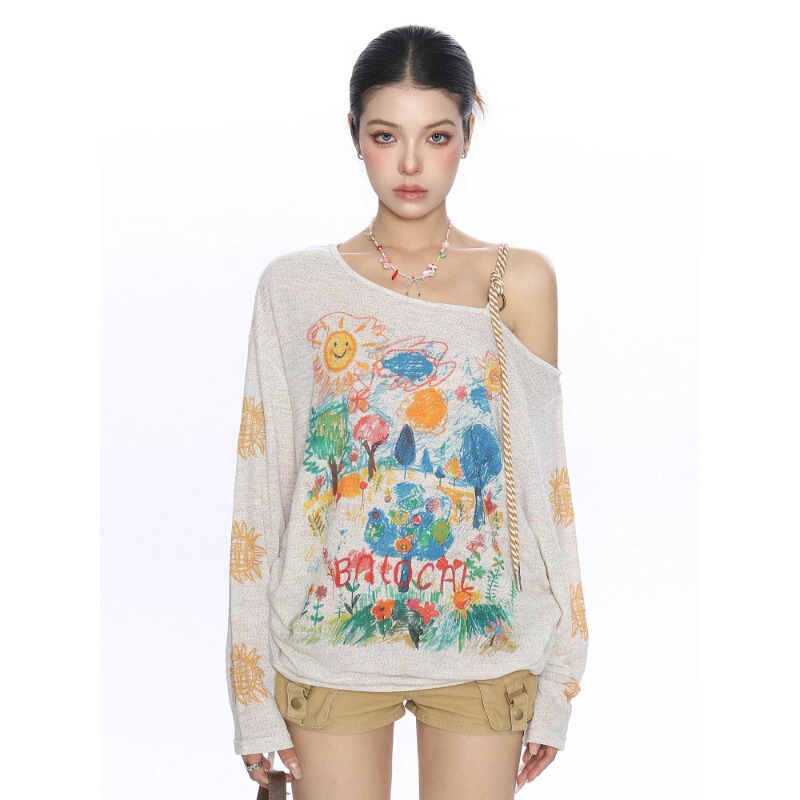 Izerell Cartoon Hand-Painted Graffiti One-Shoulder Long-Sleeve T-Shirt for Women, Summer Loose Casual Breathable Top