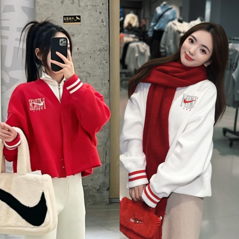 Nike Fleece Jacket for Women Autumn and Winter V Neck Cardigan Sports Casual Loose Jacket Hj0947