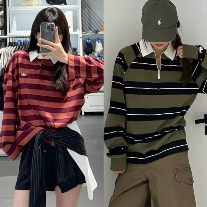 Adidas Adidas Trefoil Women's Spring Retro Striped Polo Shirt Long Sleeve T-Shirt Top Kf2323