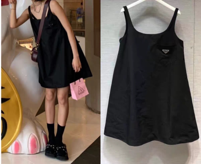 26-Year Classic Triangle Logo Little Black Dress, Summer Nylon Fabric Versatile Camisole Dress, Tank Dress, Women's Dress