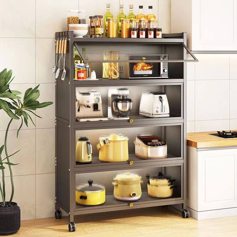 Kitchen shelf with pulley cabinet microwave oven frame dust container dish dish dish locker