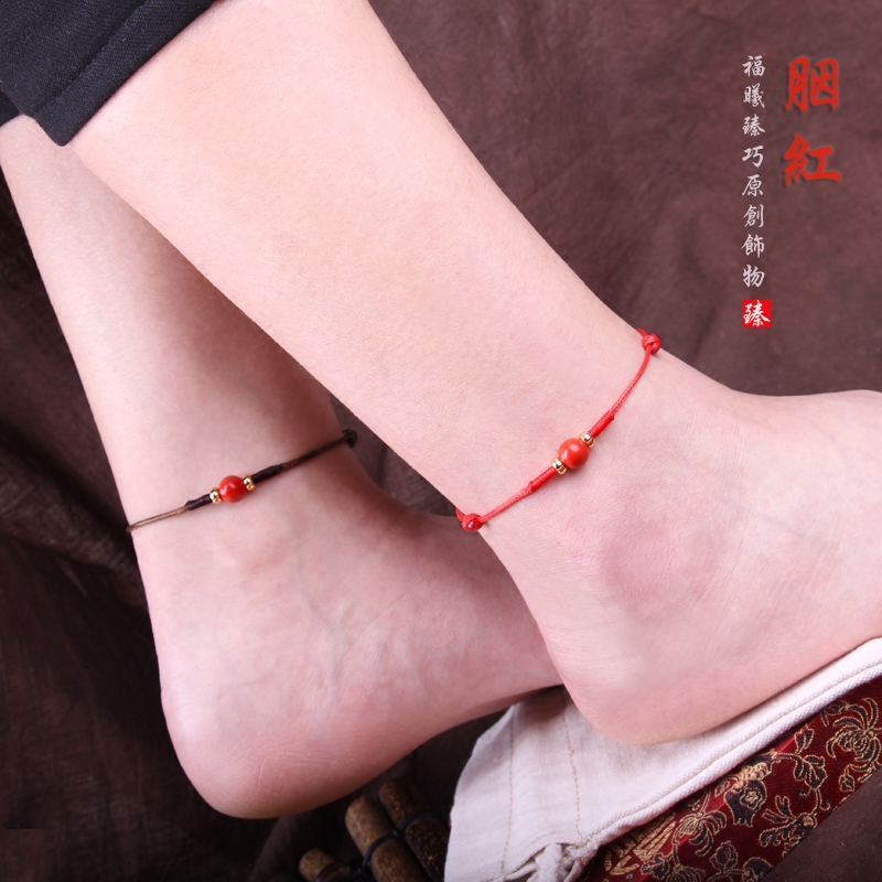 (Rouge) Original mine Natural Sand Foot Necklace LIFE TRANSIT NATIONAL WIND WAX ROPE RED ROPE FOOT ACCESSORIES FOOT CHAIN WOMAN