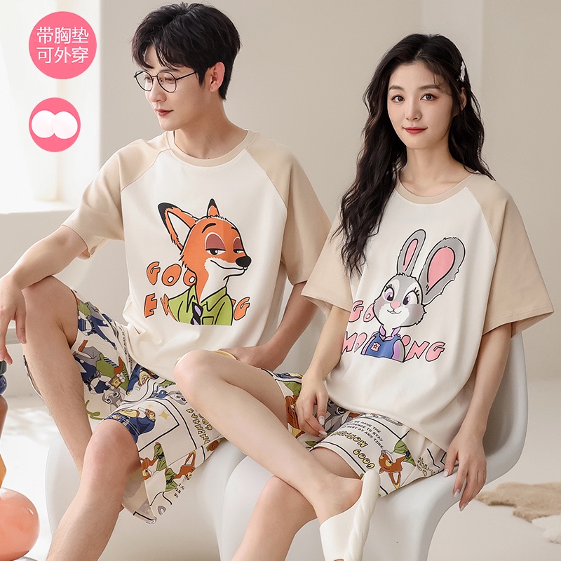 Couple's Pajamas for Summer with Chest Pads, Short-Sleeved, Pure Cotton, Can Be Worn Outside, Women's 2026 New Style, Men's Loungewear Set