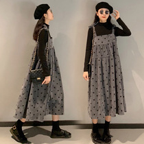 Pregnant women autumn suit fashion large size pregnant women early autumn two-piece dress Corduroy strap dress Autumn long dress