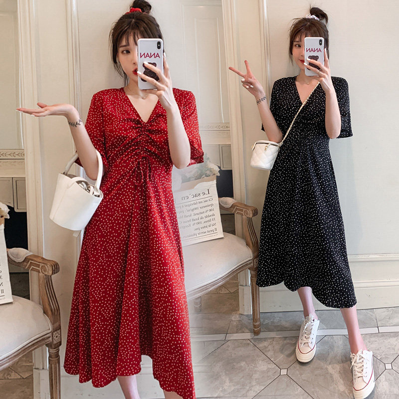 Pregnant Woman Skirt Summer Boomer Pregnancy Woman Dress Summer Skirt Large Size Snowspun Short Sleeve Blouse Summer V Collar Polo Dot Ocean Dress