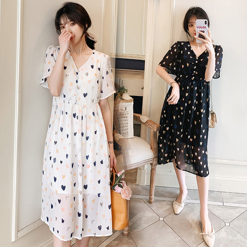 Maternity dress summer net red maternity dress tide V-neck polka dot Chiffon short-sleeved top in the long version of maternity dress summer