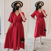 Maternity dress Summer little man wear flared sleeves V-neck solid color short-sleeved maternity dress waist thin temperament