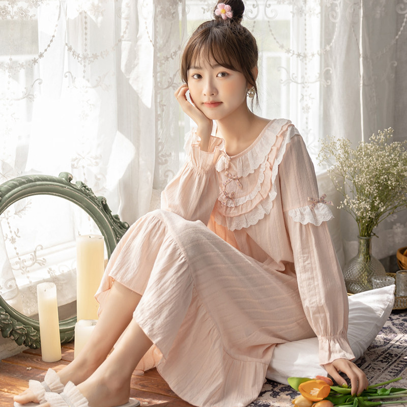 Sleeping Dress Lady Spring Autumn Pure Cotton Long Sleeve Cute Teenage Girl Princess Wind 2022 New Sleepwear Over Knee Long Skirt Spring Summer Thin