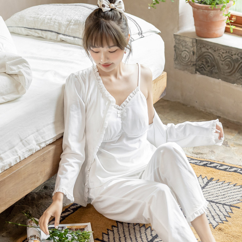 pyjamas with chest cushion female spring autumn, three sets of pure cotton long sleeve long pants white cute pure desire to wind home suit suit